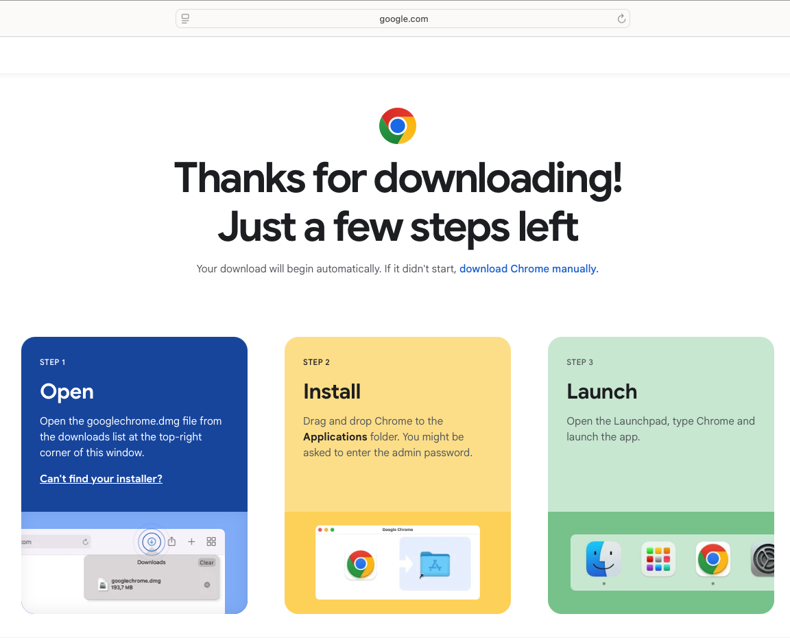 Google chrome installation webpage showing three steps: open, install, launch.