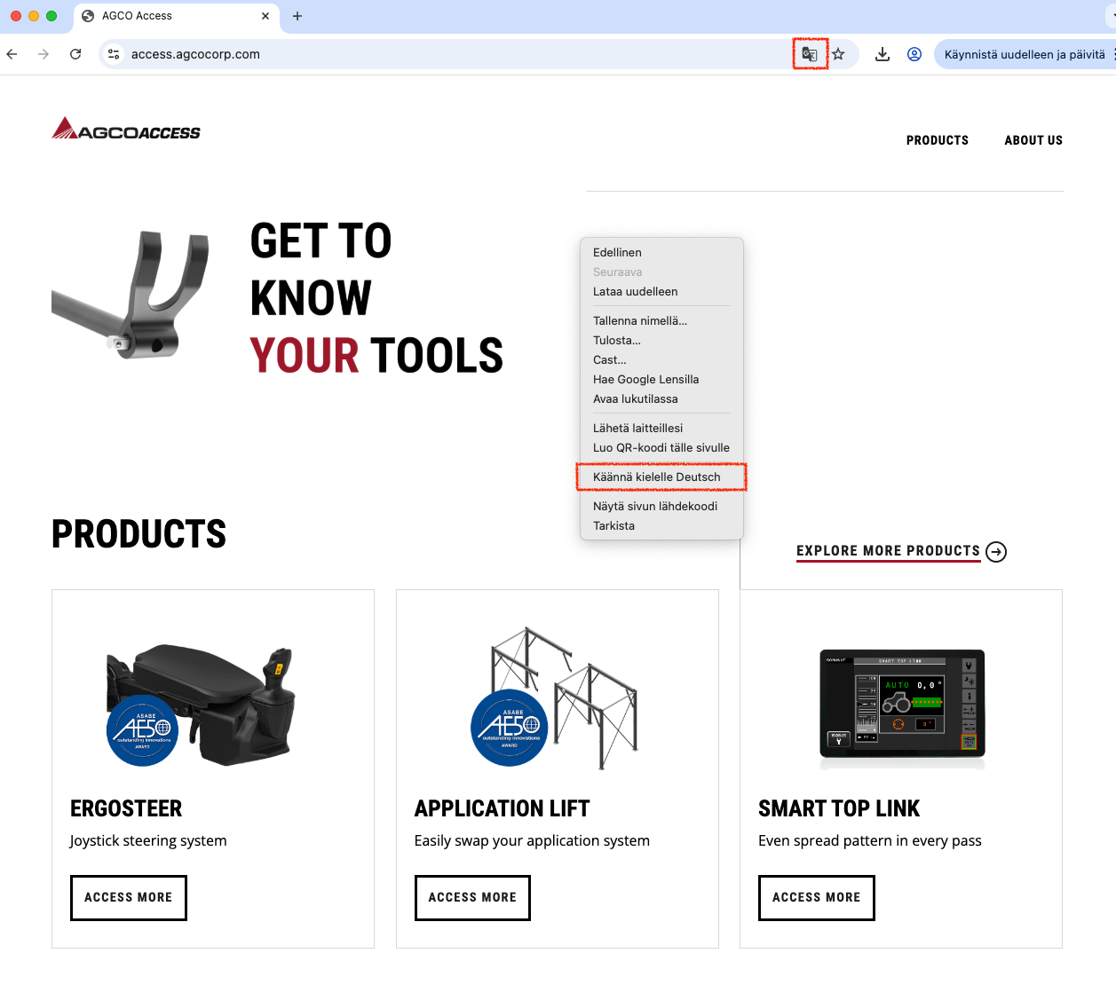 Google chrome translating the ACCESS page by opening the menu bar that is highlighted with a red square or licking the icon next navigation bar that is also highlighted with a red square.