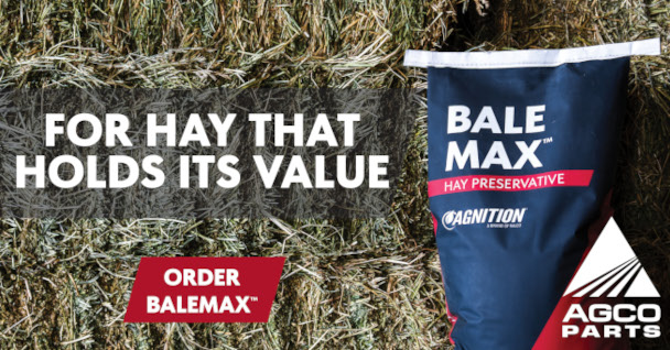 Picture of a bag of BaleMax Hay preservative with hay bales behind it.  Downloadable pdf's of various studies done to show the effects of using the BaleMax hay preservative.