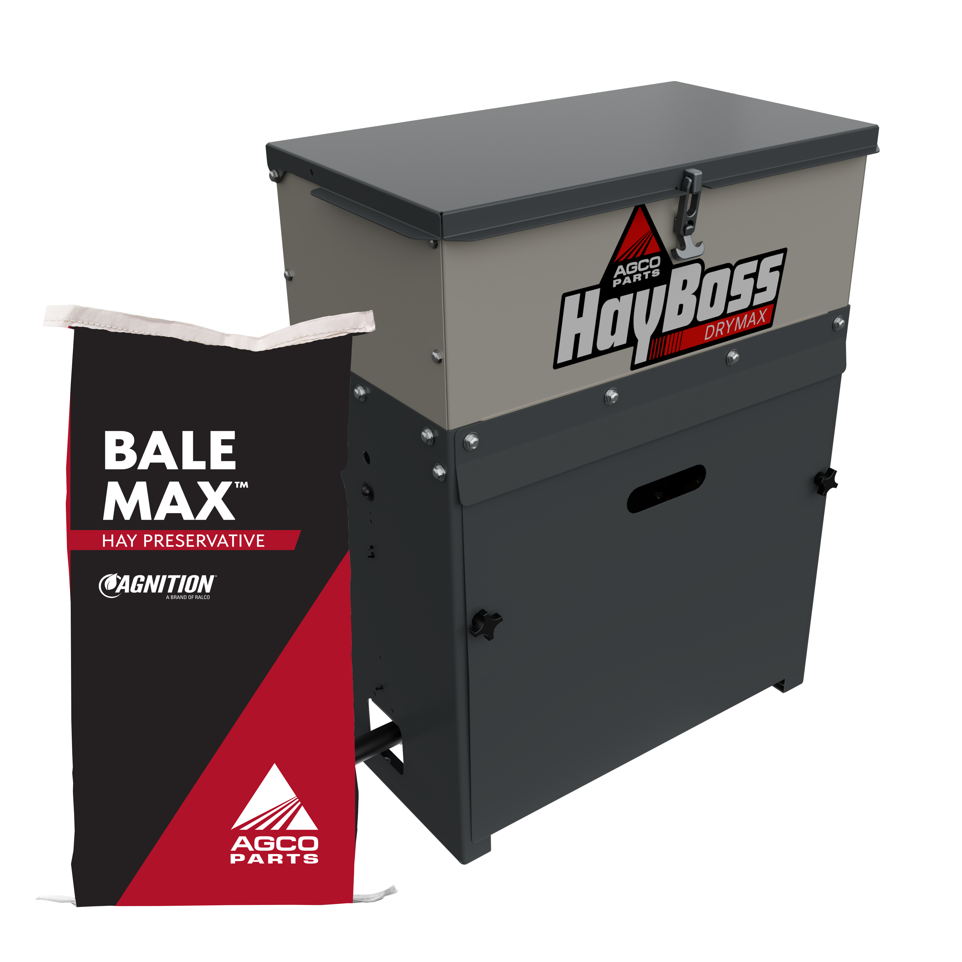 Image of a bag of the BaleMax granular hay preservative and HayBoss DryMax granular applicator.